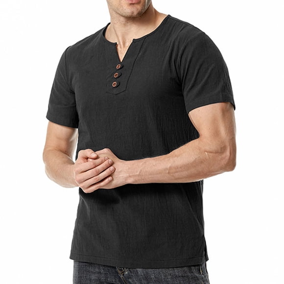 Meichang 2024 Clearance Mens Short Sleeve Cotton Linen Shirt,Vintage V Neck Pullover Tops Casual Button Up Party Shirt Slim Fit Side Split Work Shirts Black S