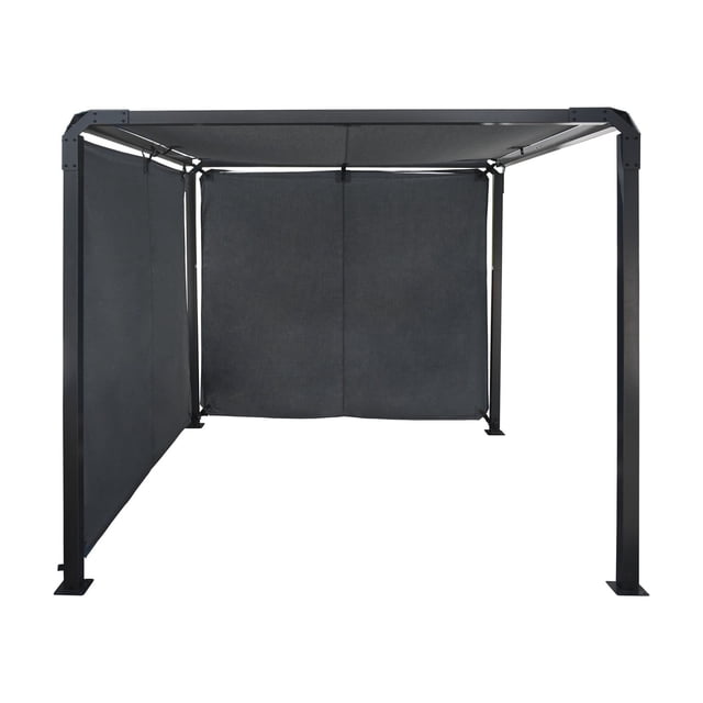 Sojag Dunwich 8 x 8 x 7 ft Grey Gazebo with a black steel frame and three dark grey polyester panels, including a top panel for sun shelter and two side panels for privacy, designed for easy assembly and suitable for small outdoor spaces like balconies or yards.