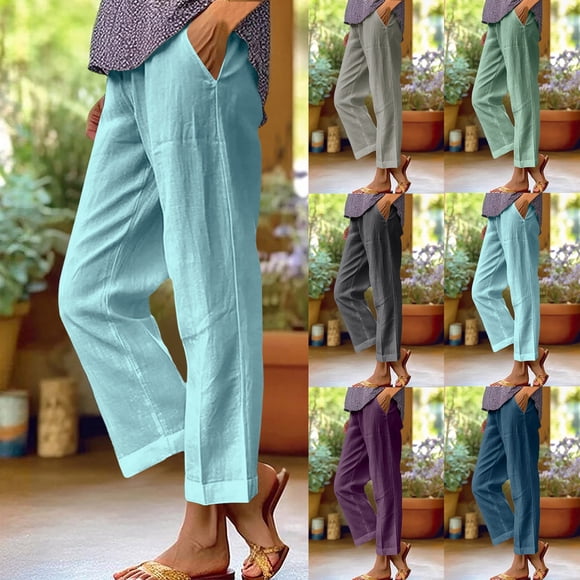 Sentmoon Petite Pants for Women Solid Color High Waist Woman Sweatpants Oversized Relaxed Fit Linen Straight Leg Trendy Summer Trousers Vacation for Lounge and Sleep XXXXXL