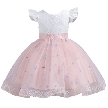 YOUSNH Enfants Tout-Petits Bébés Filles Printemps Été Imprimé à Volants Manches Courtes Robe de Princesse à Volants Sans Manches Spectacle Dentelle Tulle Robe de Fête Robes pour Filles Rose 7-8 Ans
