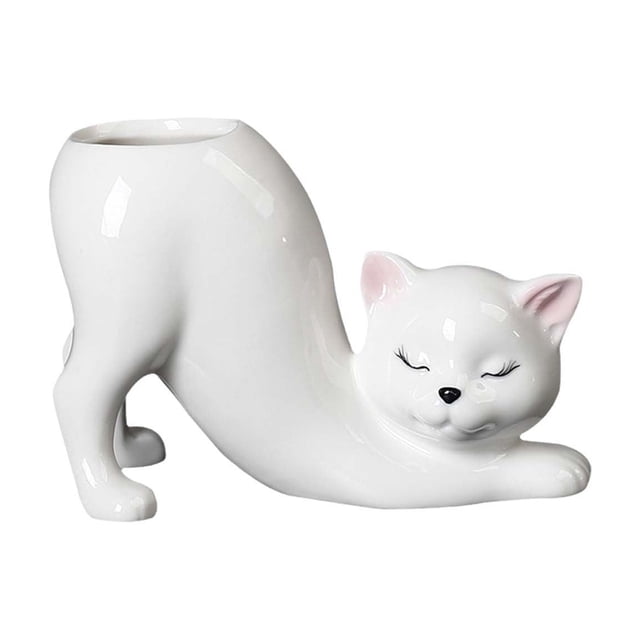 Landzoo One Cartoon Cat Flower Pot Animal Cat Vase Planter Ceramics Container Pot Flowerpot For Patio Home Living Room Garden White Practical Basic Flower Pots For Garden