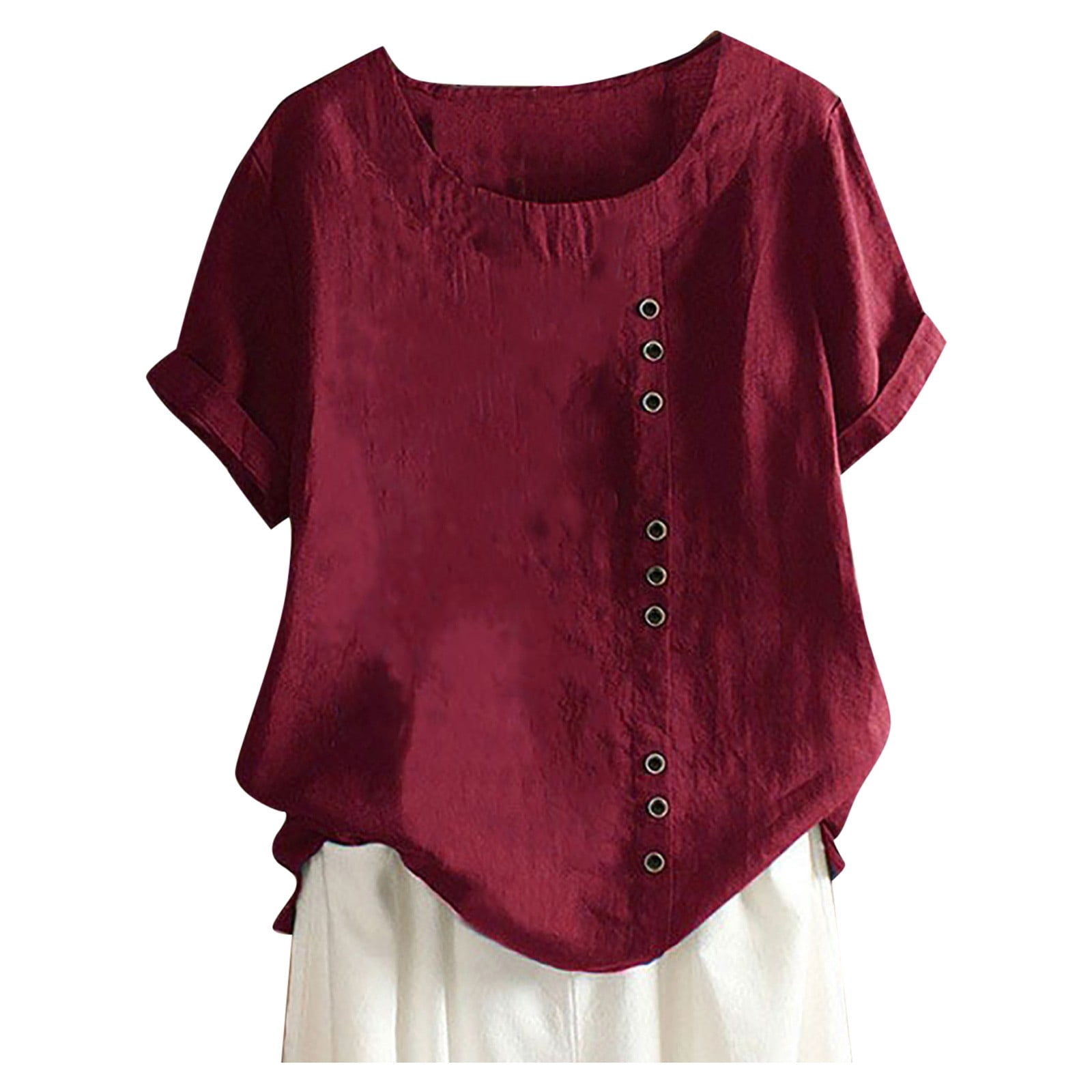 WEIYLL Tshirt for Women Plus Size Linen Loose Tunic Breathable Boho Solid Wine Tees Sizes XL