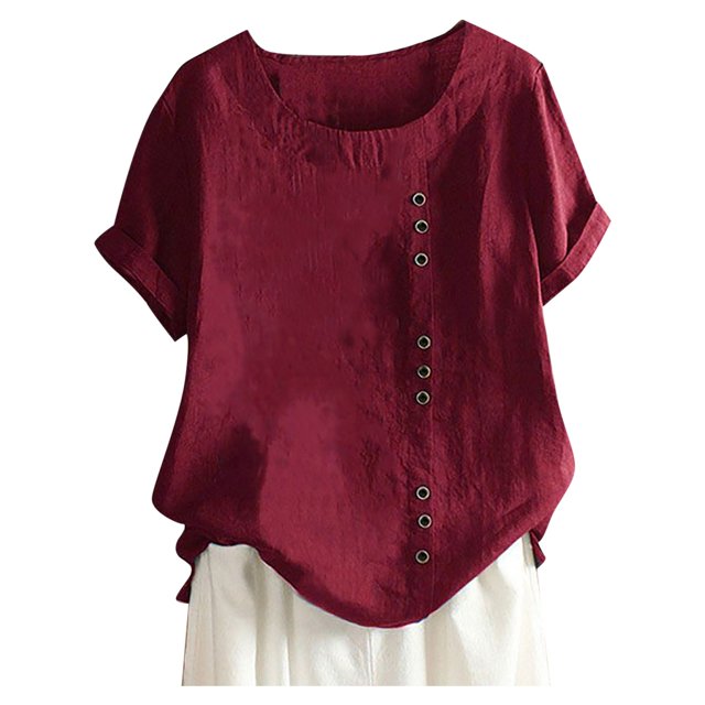 WEIYLL Tshirt for Women Plus Size Linen Loose Tunic Breathable Boho Solid Wine Tees Sizes XL