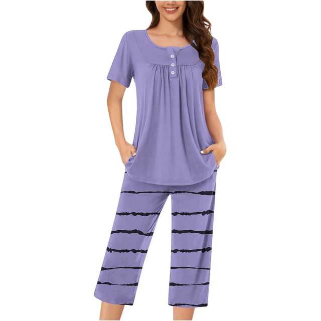 Timegard Ensembles de Pyjamas pour Femmes 2 Pcs Détente Col Rond Manches Courtes Haut Pantalon Capri à Rayures avec Poches Tenues