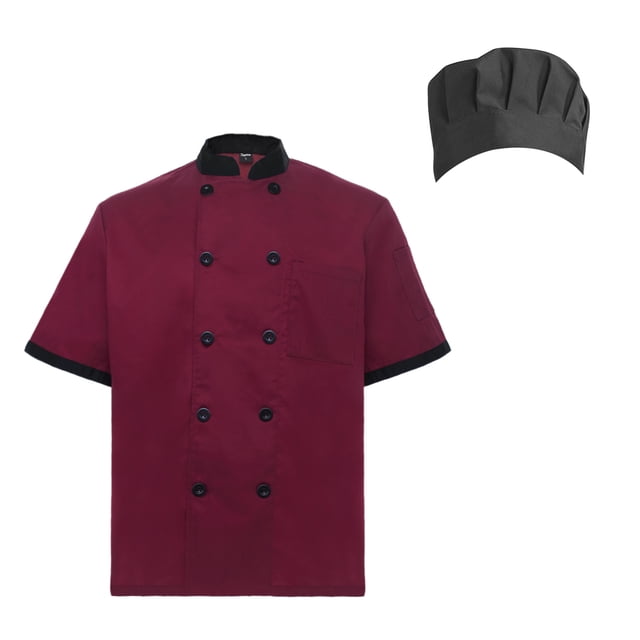 TopTie Unisex Short Sleeve Cooking Chef Coat Jacket with Adjustable Hat-Red-S