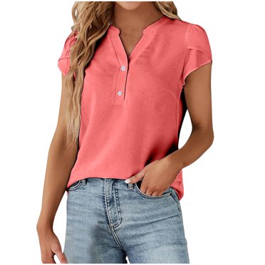Qertyioot Women's Dressy Casual Tops Business Work Blouses White Button Down Shirts Cap Sleeve V Neck Tshirt