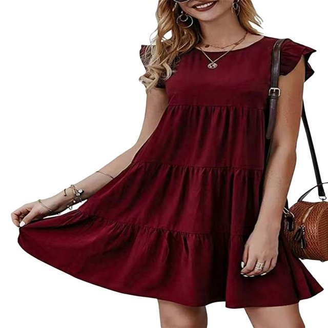 Women Casual Pleated Dress Adults Spring Solid Color Neck Short Sleeve One-piece