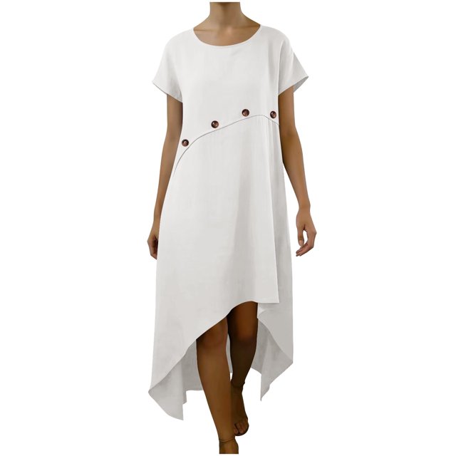 Nuoqisi Robe d'Été pour Femmes à Manches Courtes, Décontractée, Coupe Ample, Longue en Coton, Col Rond, Boutons, Ourlet Irrégulier, Robe Maxi de Printemps pour la Plage
