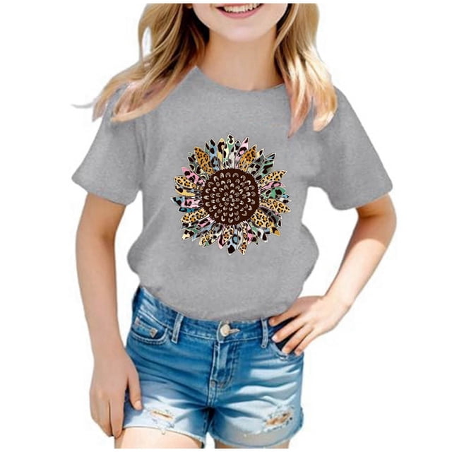PMVFHDE T-Shirt Graphique pour Enfants à Imprimé Tournesol, Col Rond, Manches Courtes, Haut Décontracté, Tee pour Fille, 2-Gris, 2-3 Ans