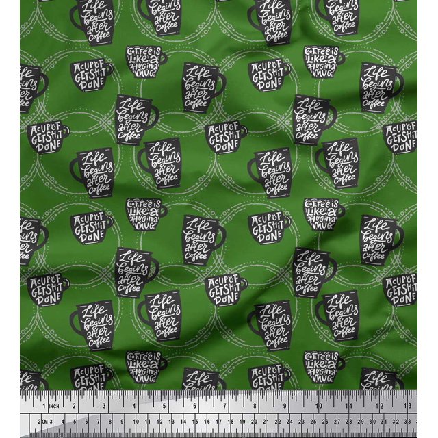 Soimoi Green Moss Georgette Fabric Life Begins After Coffee Text Decor Fabric Printed Yard 42 Inch Wide