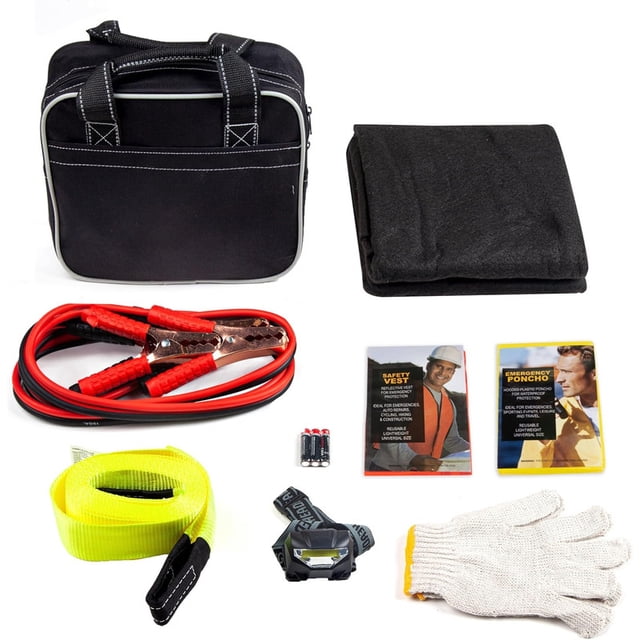 Justin Case Heavy Duty and Portable Ultimate Auto Safety Kit for Roadside Emergencies. Features an 8-foot, 10-gauge booster cable, 12-foot tow strap, COB LED headlamp with 3 AAA batteries, soft fabric blanket, knit gloves, safety vest, emergency poncho, and a durable black carry case. This roadside kit is perfect for handling battery failures, minor vehicle recoveries, and cold weather emergencies.