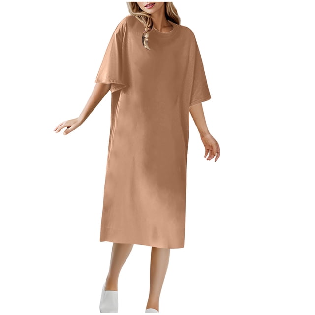 fatyb Robes d'Été 2025 pour Femmes Manches Courtes Décontractées Robes T-Shirt Col Rond Amples Unies Longues Robes