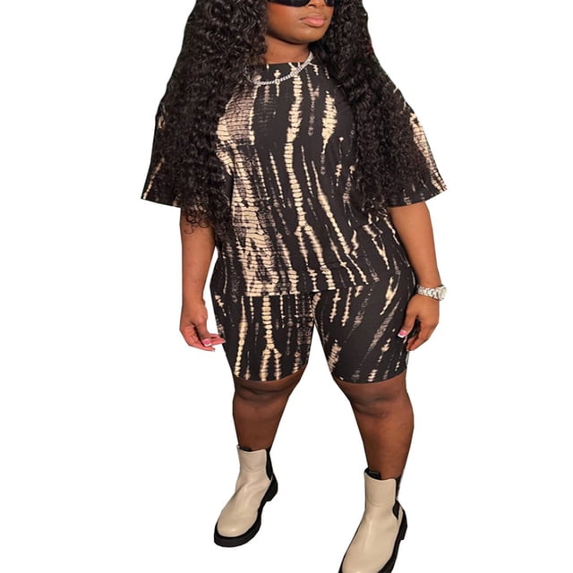 Women‘s Short Pants Outfits Set Short Sleeve Pattern Printed Neck Tops + Elastic Waist Shorts