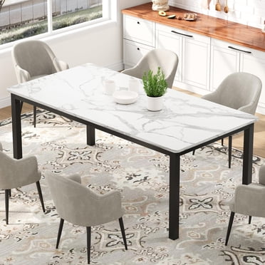 BeesClover Long Dining Table for 6 People, Large Rectangle Wood Kitchen Table with Sturdy Metal Legs, Modern Industrial Dining Room Table with Round Corner