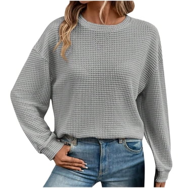 yoeyez Women Waffle Knit Sweater Crew Neck Solid Color Pullover Jumper Top Casual Long Sleeve Loose Blouse Fashion Spring Clothes