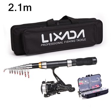 Lixada Ensemble Combo Canne à Pêche et Moulinet, Trousse Complète 2,1 M/2, Canne à Pêche Télescopique, Ensemble de Moulinet Spinning avec Hameçons, Leurres Souples, Émerillons Baril, Sac de Rangement