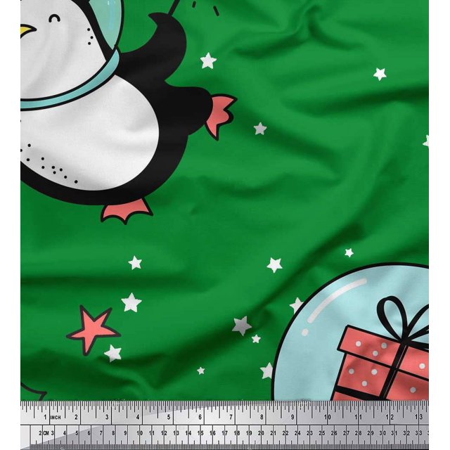 Soimoi Green polyester Crepe Fabric Snowman & Penguin Cartoon Fabric Prints By Yard 52 Inch Wide