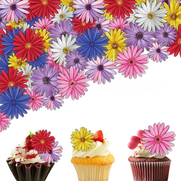 Edible Daisy Flower Cake Toppers, 65 Pieces, Wafer Paper Cupcake Decorations, Mixed Sizes, Hawaiian Luau Party Supplies