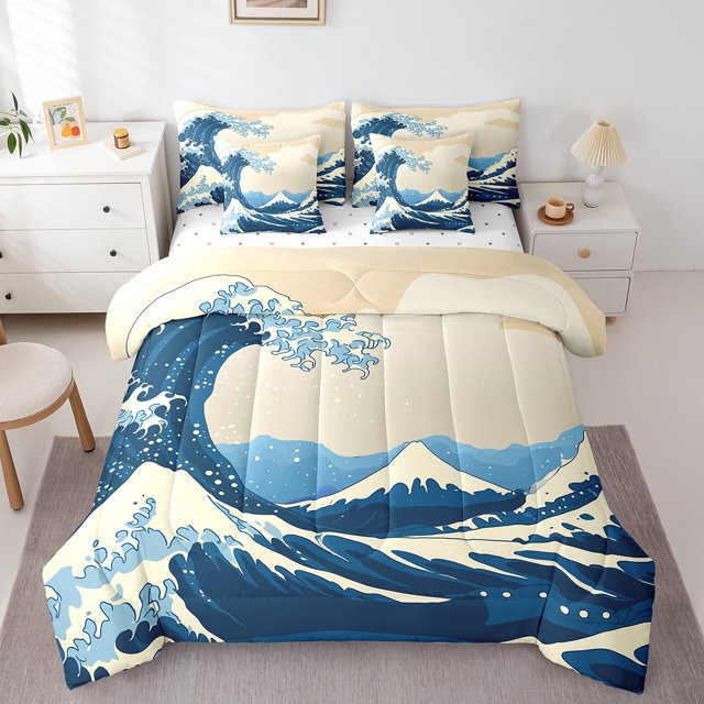 YST Japanese Style 7-Piece Comforter Set, Hand Drawn Motifs Bedding, Queen Size Bed in a Bag
