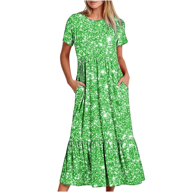 Penkiiy Robe à Manches Courtes pour Femmes, Imprimé Brillant, Ample, Unie, Décontractée, d'Été, Fluide, à Étages, Longue Maxi avec Poches, m Vert