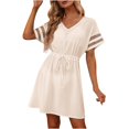 thumbnail image 1 of Robes Décontractées pour Femmes Col en V à Nouer à la Taille Été Ample Robe Courte en Maille Manches Courtes Uni/floral Robes de Plage, 1 of 7