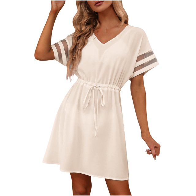 Robes Décontractées pour Femmes Col en V à Nouer à la Taille Été Ample Robe Courte en Maille Manches Courtes Uni/floral Robes de Plage