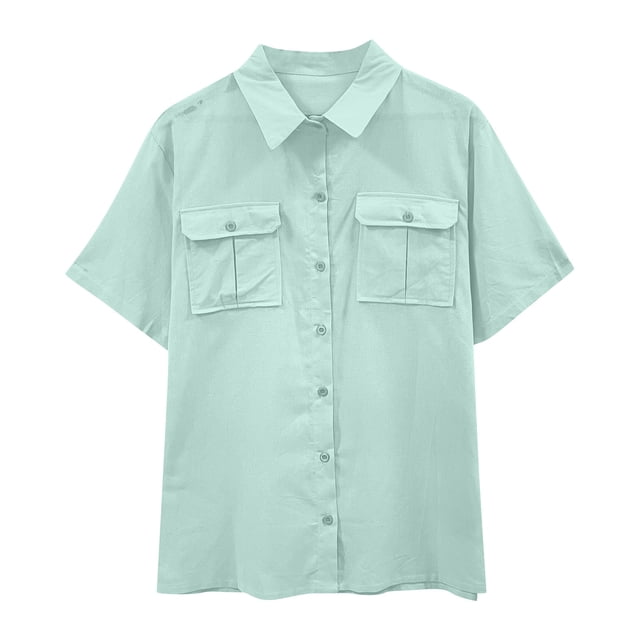 Timegard Cotton Linen Tops for Women Short Sleeve Button down Shirts Solid Color Casual Tops with Pockets