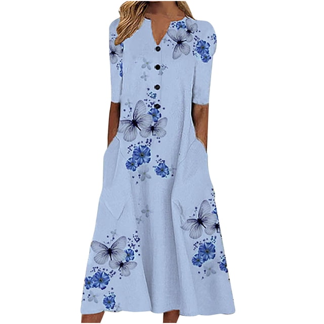 Babysbule Liquidation Robes d'Été pour Femmes, Mode Femmes Décontractée Ample Imprimé Papillon Col en V Manches Mi-Longues Boutons Poches Robe Longue