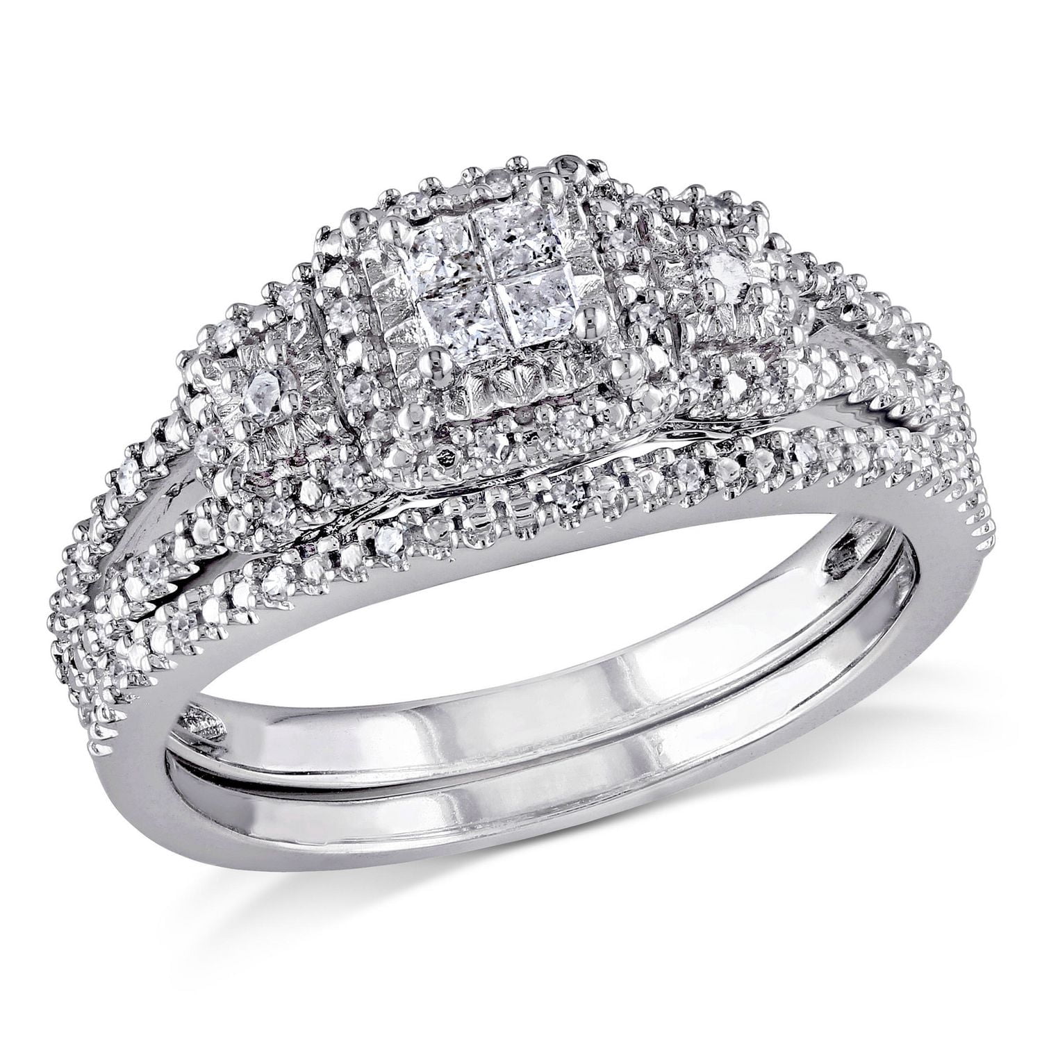 Ensemble nuptial de forme auréole Miabella avec diamants de coupe princesse et de coupe ronde 0,25 CT poids total en argent sterling