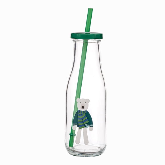 Holiday Time Bear Glass Milk Bottle with Straw 14oz