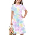 thumbnail image 1 of Aubaines du Jour Liquidation Iumwxz Tunique Robe Plissée Ample Robe Ligne A Robe Col Rond Imprimé Teinture sur Nœuds Manches Courtes Robes pour Enfants Robe Tendance pour l'École 4-14a, 1 of 7
