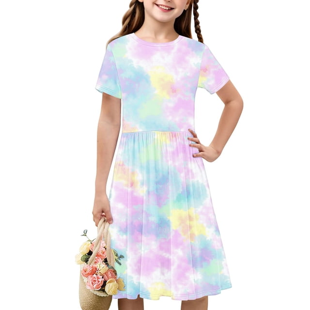 Aubaines du Jour Liquidation Iumwxz Tunique Robe Plissée Ample Robe Ligne A Robe Col Rond Imprimé Teinture sur Nœuds Manches Courtes Robes pour Enfants Robe Tendance pour l'École 4-14a