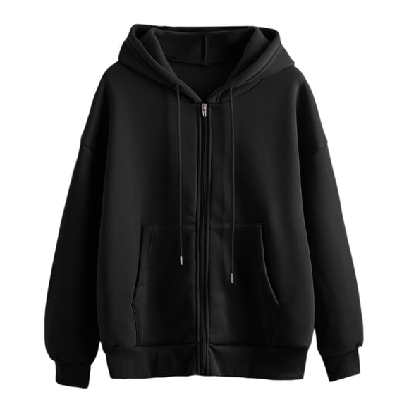 Aocisk Women's Comfortable Zipper Hoodie Solid Color Long Sleeve Cardigan Coat Casual Loose Sweater with Versatile Style Black L