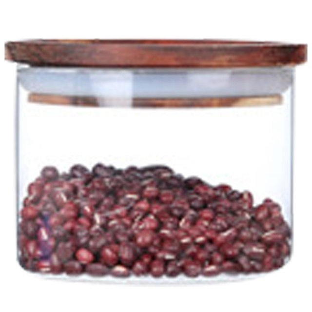 Borosilicate Glass Canister Airtight Kitchen Food Storage Jar with a clear cylindrical body and a brown wooden lid. The jar is shown filled with red beans, highlighting its use for storing dry goods. Made of durable borosilicate glass and wood, it features a food-grade silicone sealing ring for airtight storage. Suitable for storing beans, sugar, coffee, flour, tea, cookies, and spices. Available in assorted sizes ranging from 350ml to 1850ml.
