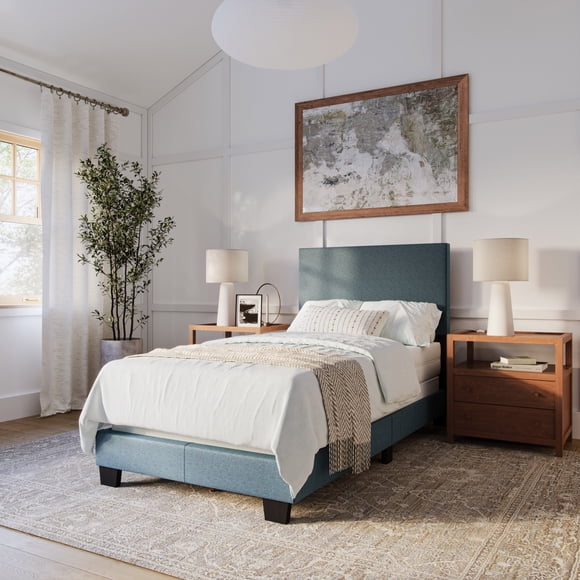 CorLiving Celeste Modern Upholstered Adult Twin Bed Frame with Headboard, Box Spring Required, Blue