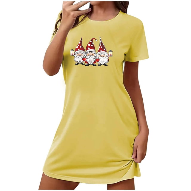 Levmjia Nuisettes en Coton pour Femmes à Manches Courtes, Vêtements de Nuit Doux d'Été, Confortables, Coupe Ample, Robe de Nuit Imprimée à Col Rond pour Grande Taille, Pyjamas Décontractés pour la Maison