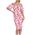 thumbnail image 1 of Économies d'Été! PEZHADA Robes d'Été pour Femmes, Robes Midi pour Femmes, Mode Décontractée de Printemps et Robe à Imprimé Floral à Manches Courtes, Épaules Dénudées, Longueur Genou, Rouge, 1 of 6