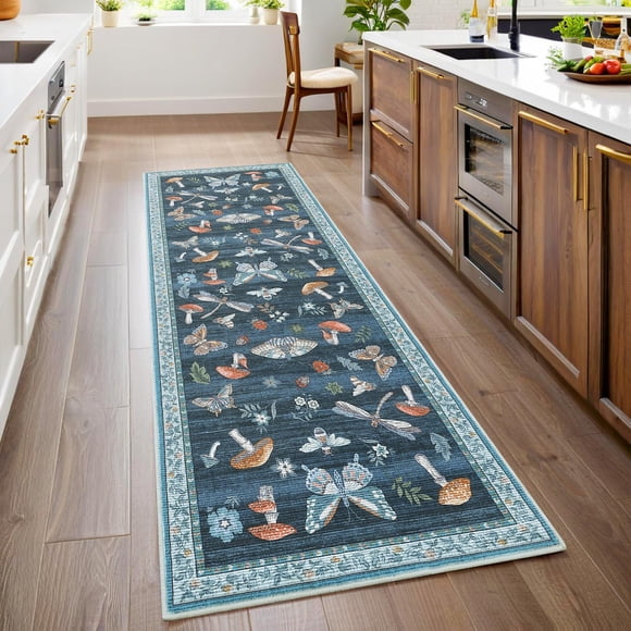 GOGRANT Washable Area Rug, Vintage Floral Insect Runner Rug, Blue, 2x6ft, Non-Slip Low Pile Carpet for Entryway Kitchen
