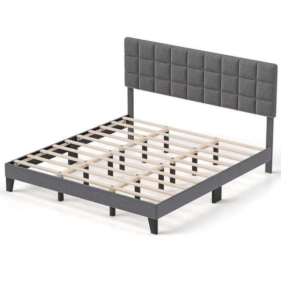 Costway King Size Bed Frame Modern Linen Fabric Upholstered Platform Bed with Headboard