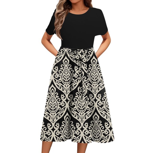 Ovzne Robes d'Été pour Femmes Robe de Mode pour Dames Robe à Manches Courtes Col Rond Robes Imprimées avec Poche Robe d'Été à Manches Courtes en Liquidation