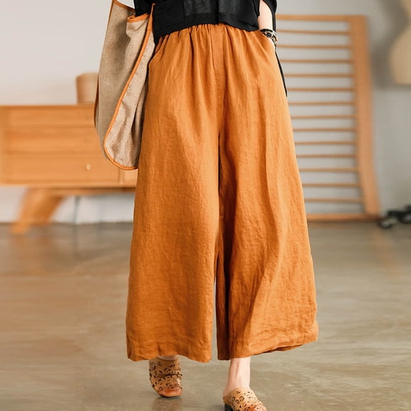 CFLVAEK Plus Size Womens Cotton Linen Culottes with Pockets Elastic Waist Yoga Pant Baggy High Rise Drawstring Trousers Casual Wide Leg Palazzo Pants