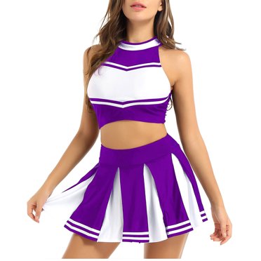 HULIJA Womens Cheer Leader Outfits Schoolgirl Cheer Leading Uniform Crop Top with Mini Pleated Skirt Purple M