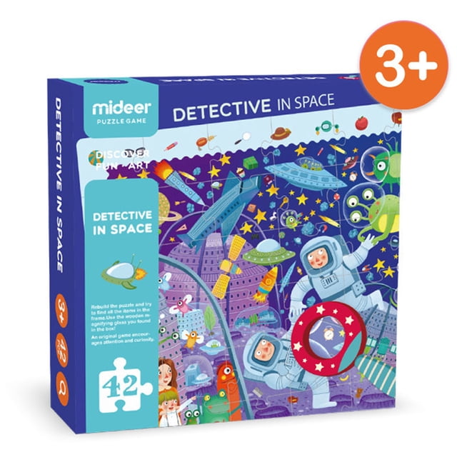 Mideer Detective Jigsaw Puzzle with Fun Toy Magnifying Glass, a 42-piece multicolour puzzle with a 'Detective in Space' theme. The box features astronauts, aliens, and space elements, promoting STEM learning and cognitive development. Includes a magnifying glass for discovering hidden items after assembly. Suitable for children aged 3 and up.