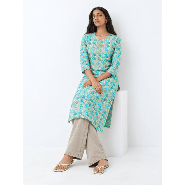 DWEEP SARA Women’s Turquoise Blue Viscose Rayon Ethnic Motifs Straight Kurta S/36 Shirt Collar 3/4 Sleeves Printed Tunic Top