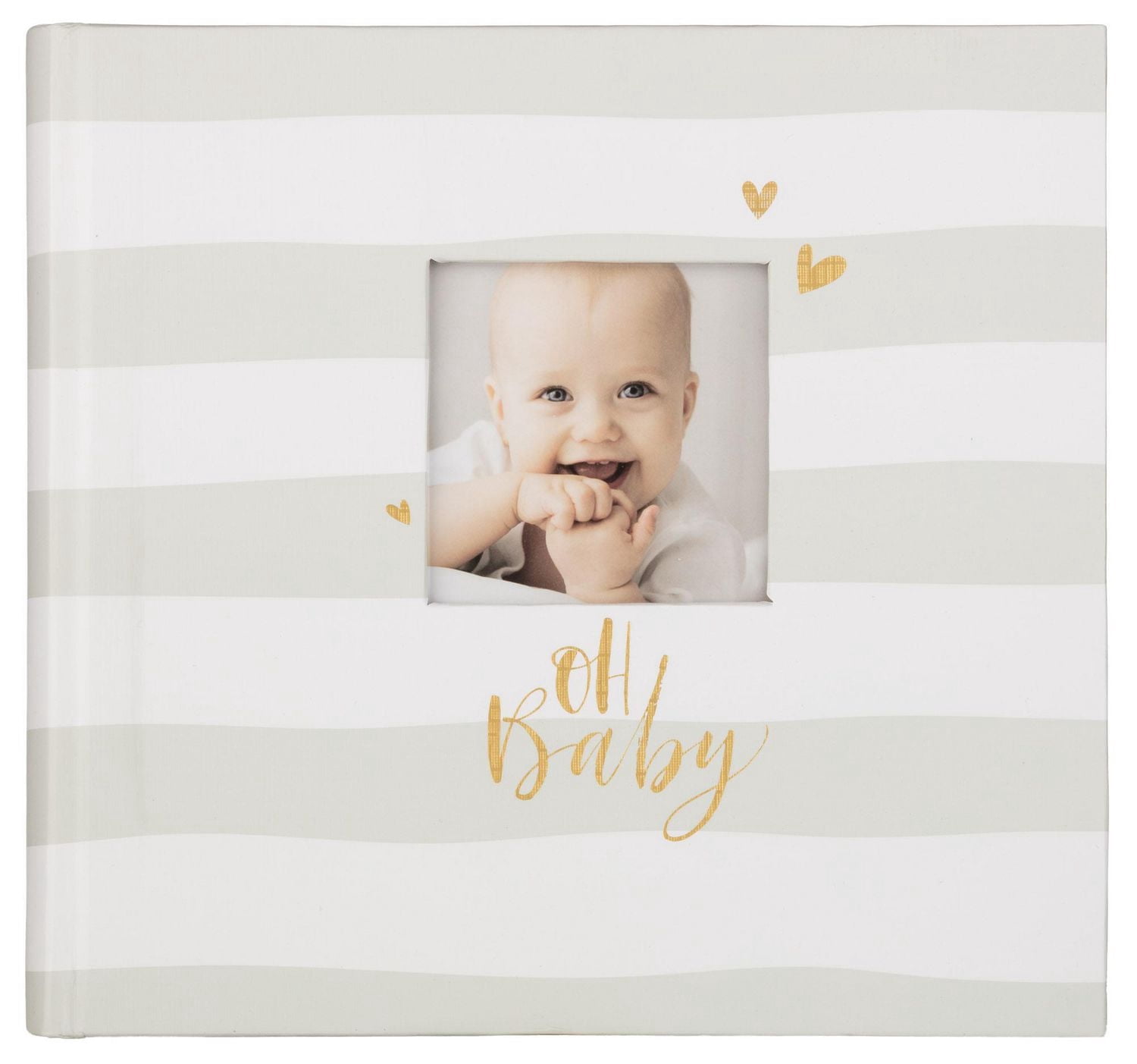 Album photo "Oh Baby" rayé gris et blanc avec cadre de fenêtre de couverture avant