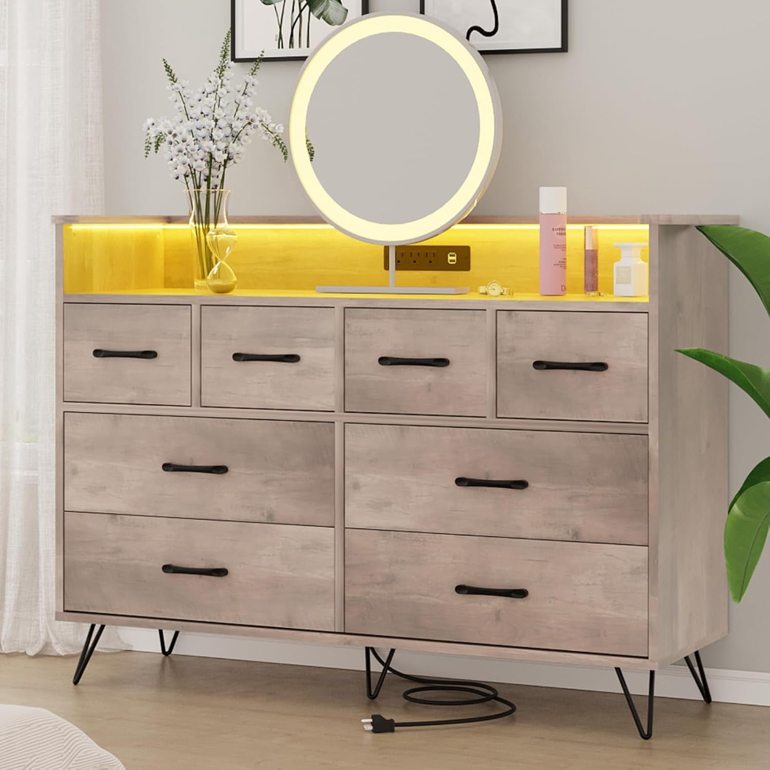 Dresser for Bedroom with LED Light & Charging Station, 8 Drawers Wooden Dressers with Open Space, Vintage Chest of Wide Drawers for Living Room, Entryway, Hallway, Rustic Brown