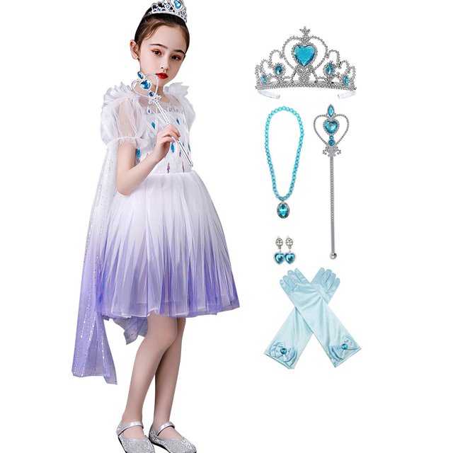 HAWEE Elsa Robe de Princesse Reine des Neiges Cosplay Flocon de Neige Costume Robes pour Filles Manches Courtes Robe de Princesse à Paillettes pour Fête
