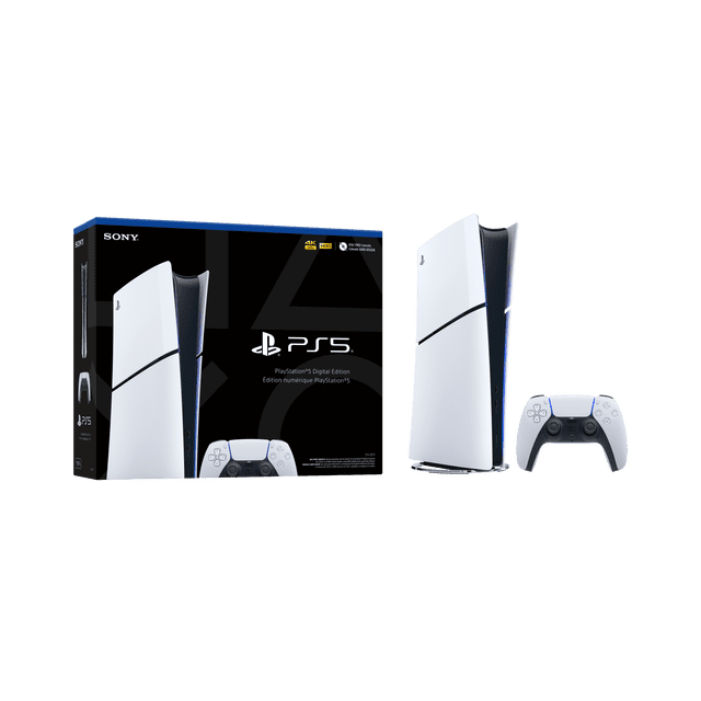 PlayStation®5 Édition Numérique Modèle Mince avec Boîte de Détail et Manette DualSense, Affichant la console Verticale Blanche et Noire avec accents DEL Bleus, avec Stockage de 1 To, SSD Ultra Haute Vitesse, Jeux 4K HDR, Retour Haptique, Gâchettes Adaptatives et Technologie audio 3D.
