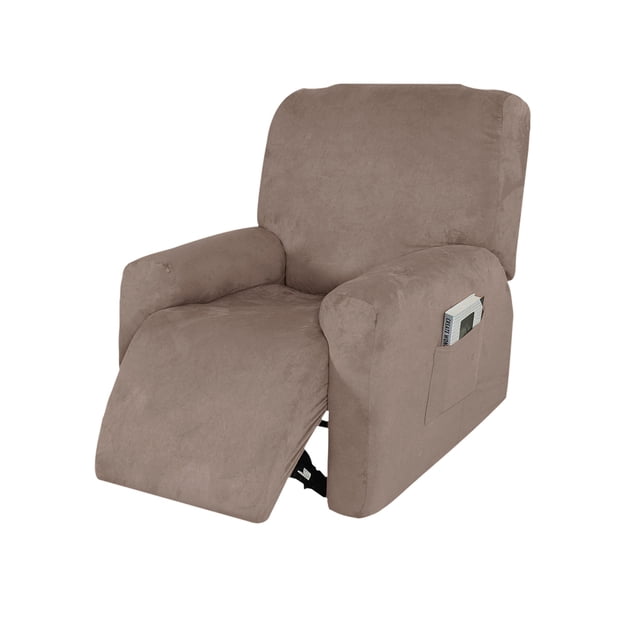 Amdohai 4 Separate Piece Waterproof Stretch Recliner Sofa Cover Suede Chair in a khaki color. The cover is made of soft, skin-friendly polyester with fine elasticity, designed to fit the contours of a recliner. It features a side pocket for storing books or newspapers. The cover protects the recliner from stains, tears, and pet-related damage. Shown fully installed on a recliner in a neutral setting.