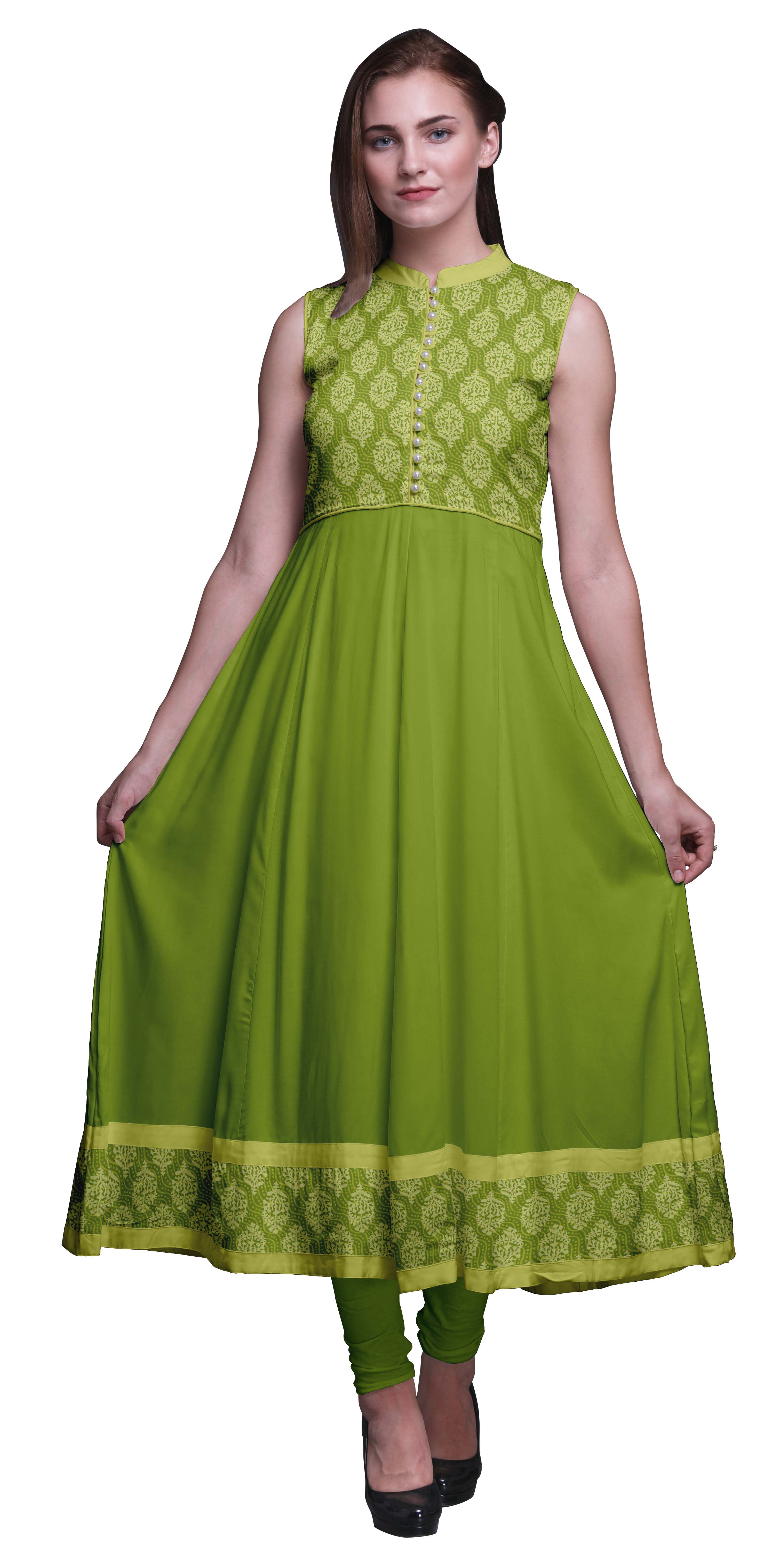 Bimba Robe Anarkali pour Femmes Vert Pâle à Blocs Imprimés, Col Mandarin, Créateur, Kurta Ethnique Indienne XXX-Large